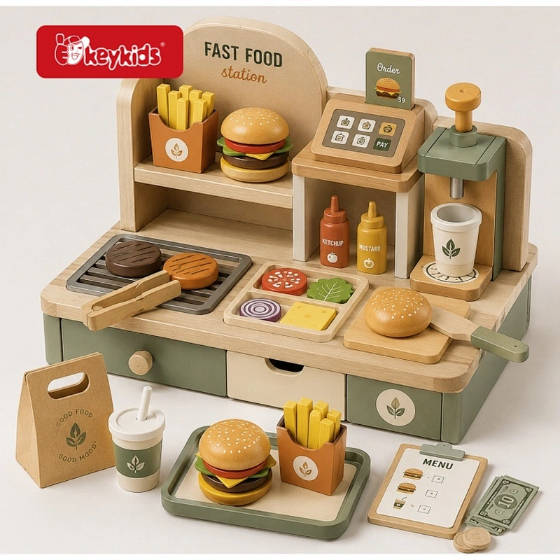 Wooden Fast Food Station Toy Set With Burger Fries Drink Dispenser and Cash Register Pretend Play Kitchen for Kids W10A351